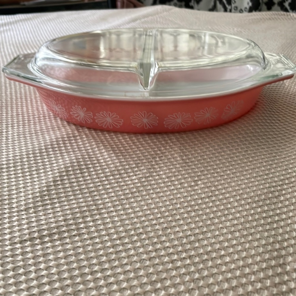 Pyrex Pink Daisy divided casserole dish with lid
